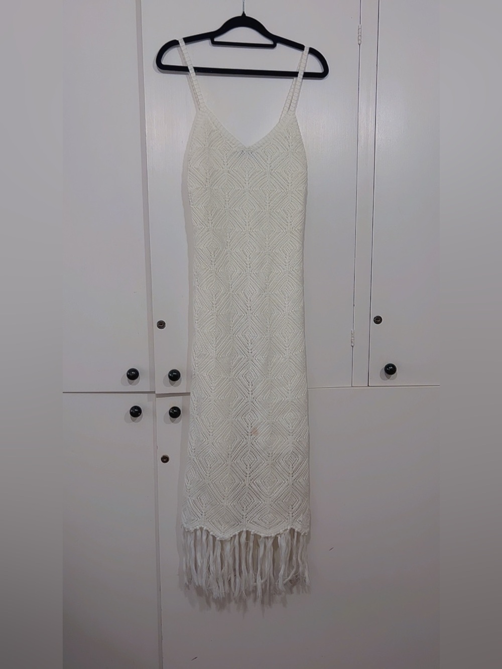 PilyQ White Crochet Fringe Maxi Dress Cover Up Boho Beach Resort Size M - Picture 5 of 9